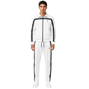 Custom Streetwear <b>White</b> Full <b>Zip</b> Piping Panel Contrast Hoodies Sets Men Heavyweight 450 GSM Warmup Winter Training Jogging Wear - Product Image 1