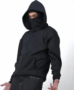 Men <b>Crew</b> <b>Neck</b> Fleece <b>Sweatshirt</b> Solid <b>Black</b> Windproof Mask Design Pocket Regular Fit Autumn Casual Knitted 100% Cotton 400g - Product Image 1