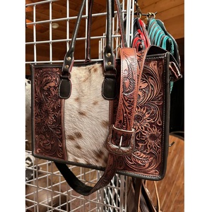 Western Leather Cowhide Tote Bag Hand Tooled Floral Purse Hair-On Shoulder Messenger Handbag Cowgirl Travel Bag with <b>Strap</b> - Product Image 1