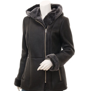 Veste à capuche en cuir noir sur mesure pour femme avec garniture en fourrure, fermeture éclair, manches longues, manteau d'hiver - Product Image 1