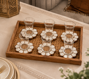 Plateau de service rectangulaire en bois de luxe classique et robuste, 6 sous-verres floraux, design traditionnel, artisanat en rotin, ensemble décoratif - Product Image 3