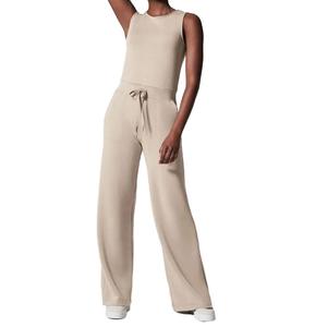 Women Sleeveless Solid Color Drawstring <b>Wide</b> <b>Leg</b> <b>Jumpsuit</b> Casual Loose Fit Crew Neck Full Length Pants Set Spring Breathable Spa - Product Image 3