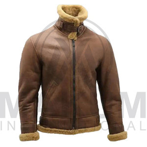 Brown <b>Leather</b> Bomber <b>Jacket</b> With Sheep Fur Lining Turn-down Collar Zipper Closure <b>Winter</b> Warm Moto Biker Style Plus Size - Product Image 6