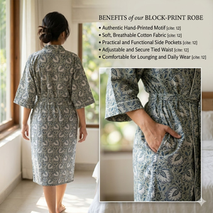 ชุดคลุมกิโมโนผ้าฝ้ายลายดอกพิมพ์ลายด้วยมือ คอวี แขนยาว มีเชือกผูกและกระเป๋า ชุดนอนลำลองสำหรับผู้หญิง แบรนด์ Maria G - Product Image 4
