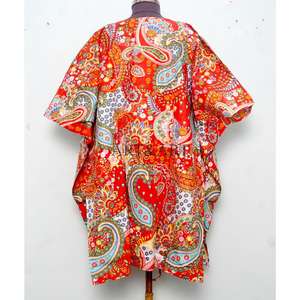 Caftán corto rojo coreano hecho a mano, 100% algodón, vestido playero con estampado floral y decoración con cordón, caftán de moda. - Product Image 6