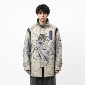 <b>Mens</b> Distressed Vintage <b>Long</b> Leather <b>Coat</b> Anime Spirit Graphic Stand Collar Windbreaker Harajuku Streetwear Outerwear - Product Image 1