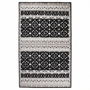 Tapis DECORDEC en laine noir, gris et ivoire, motif folklorique, géométrique tribal, à bandes, écologique, antidérapant pour salon et hôtel - Product Image 1
