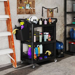 Carrello Portautensili a 3 Ripiani, Capacità 200 LBS, Carrello Utilitario in Plastica Nera con Ripiano Laterale e Contenitore - Product Image 2