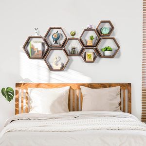 Étagères murales hexagonales Art Déco en bois, marron, en forme de nid d'abeille, pour le rangement, la décoration de salon et l'exposition de plantes - Product Image 4