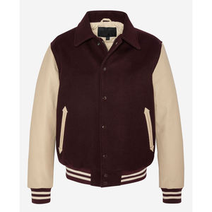 Men's <b>Burgundy</b> Beige Varsity <b>Jacket</b> Woolen Body <b>Leather</b> Sleeves Button Front Turn-down Collar Preppy Style Autumn Wear - Product Image 1