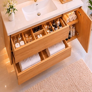 Meuble de salle de bain de luxe OEM avec miroir LED et design personnalisé pour les projets hôteliers et de développement <span class=keywords><strong>immobilier</strong></span> - Product Image 1