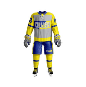 Jersey de Hockey sobre Hielo Personalizado para Hombre, con Rayas Azules, Pantalones Blancos y Guantes, Uniforme Sublimado de Poliéster, Ropa Deportiva de Invierno - Product Image 2