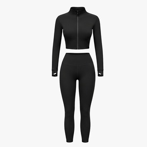 <b>Women</b> Eco-Friendly Solid Two Piece Workout Set Full Zipper Front Seamless Breathable Sports <b>Jacket</b> High Waisted Leggings Gym - Product Image 1