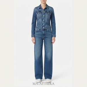 Combinaison en jean pour femme, tenue une pièce bleue, style veste ajustée à manches longues, pantalon large, streetwear - Product Image 1