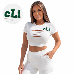 High Quality <b>women's</b> shirt <b>White</b> Half Sleeve <b>Crop</b> <b>Top</b> ODM Green Towel Embroidery Cutout Design Custom Logo Casual Summer Blouse - Product Image 1