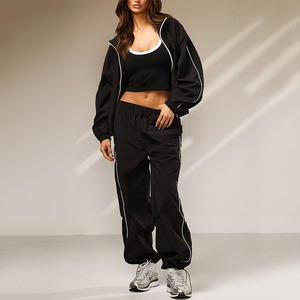 New Trendy Design Wholesale Custom Logo <b>Women</b>’s Black Windbreaker Zipper Tracksuit With Contrast Piping <b>Lightweight</b> Jogging Suit - Product Image 3