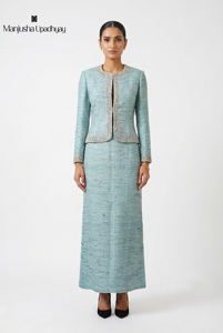Vestido Largo Informal de Seda Cruda Azul Cielo para Mujer con Chaqueta Bordada, Elegante para Uso Diario - Product Image 2