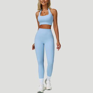 <b>Light</b> <b>Blue</b> Yoga Set Women 3 Piece High Waist Leggings Crop <b>Top</b> With <b>Long</b> <b>Sleeve</b> Jacket Sport Fitness Workout Wear - Product Image 3