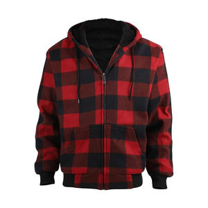 Sweat-shirt à capuche zippé à carreaux rouges et noirs, coupe classique, vêtement d'hiver décontracté, tissu en flanelle 100% coton - Product Image 1