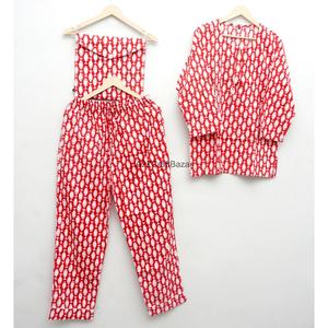 Ensemble de pyjama d'été en coton floral fait main pour femme, doux, confortable, col rond, élégant, respirant, manches longues - Product Image 5