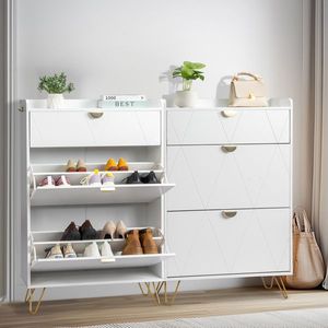 FCH White Particle Board Shoe Cabinet 80*24*120cm V Shaped Carved Door Panel with 2 Top Flip Drawers and Gold Accent - Product Image 3