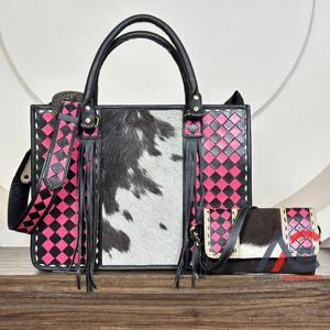 Conjunto de 2 Piezas: Bolso Tote de Cuero Genuino a Cuadros y Cartera de Mano de Cuero Vacuno Grabado a Mano, Novedad 2026 - Product Image 1