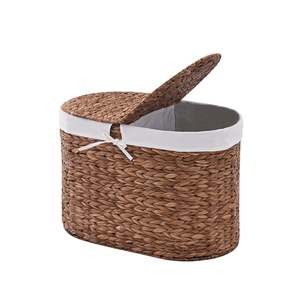 Panier à linge ovale en jacinthe d'eau naturelle tressée avec couvercle - Product Image 1