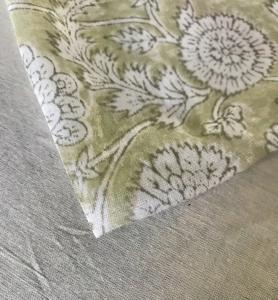 Tissu en coton imprimé à la main – Motif floral Jaal Mughal |   Base vert olive avec motif blanc - Product Image 3