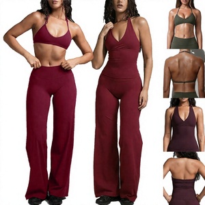 Ensemble de yoga 2 pièces pour femme : haut dos nu à col en V profond et pantalon évasé taille haute, couleur unie, respirant, en Spandex et Polyester, tenue d'entraînement - Product Image 3