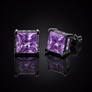 Luxury Purple Zircon Men <b>Stud</b> Earrings Princess Cut Ruby Stone 925 Sterling <b>Silver</b> Hip Hop Earring for Men - Product Image 2