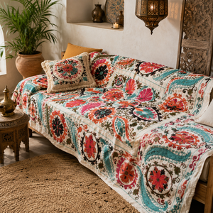 Couvre-lit en coton Suzani fait main de qualité supérieure, ivoire, multicolore, broderie florale paisley, style bohème, décoration ethnique indienne pour la maison - Product Image 1