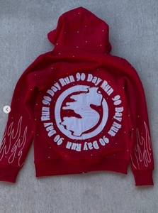 <b>Red</b> Hooded Pullover Sweatshirt with Rhinestone Lettering and <b>Glitter</b> Print Unisex Regular Fit Winter Wear 100% Cotton Fleece - Product Image 2