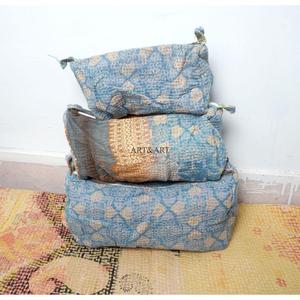 Indian Kantha Hand Block Print Cotton Cosmetic Bag Set with Zipper Closure Modern Style Lightweight Women's Travel <b>Makeup</b> Pouch - Product Image 6