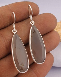 Natural Dendritic Agate Vintage Engagement <b>Earrings</b> 925 Sterling <b>Silver</b> Long Teardrop <b>Dangle</b> Handmade Drop <b>Earrings</b> - Product Image 2