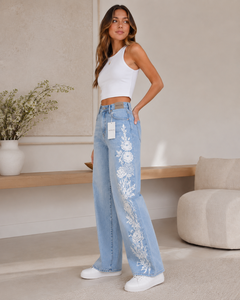 Jean large taille haute Webson avec broderie florale, style grande taille, longueur intégrale, en denim de coton doux, pour femme, collection printemps - Product Image 3