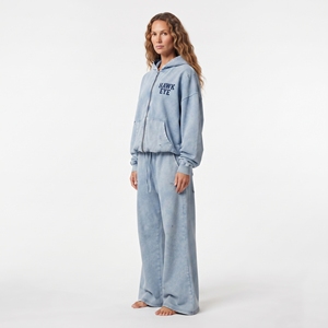 Wholesale Women’s Acid Wash Full Zip Hoodie Relaxed Fit Flared <b>Wide</b> <b>Leg</b> <b>Jogger</b> Cotton Fleece Distressed Tracksuit - Product Image 4