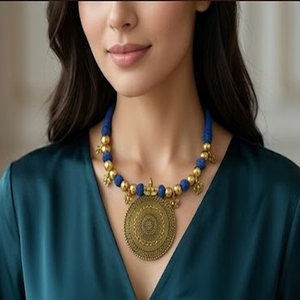 DIVYORO Women's Ethnic Blue Bead and Antique Gold Medallion <b>Long</b> Adjustable Length Wedding <b>Necklace</b> - Product Image 4