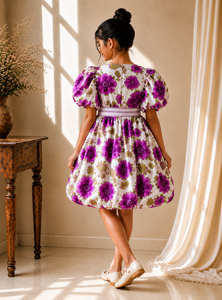 Girls Winter Casual Beach Purple Floral Puff Sleeve Party Dress with Bow Waist Cotton <b>Bubble</b> Hem Princess Birthday <b>Wedding</b> - Product Image 2