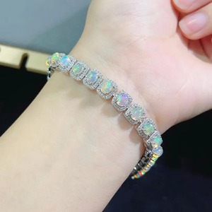 <b>Iced</b> <b>Out</b> Oval Cut Opal Tennis Bracelet with Halo <b>Chain</b> Link Design Hip Hop Christian Style Silver Jewelry for Parties - Product Image 1