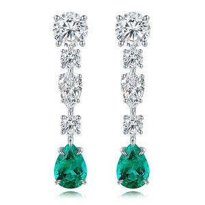 Luxury Women's Drop <b>Earrings</b> With PEAR Cut <b>Diamonds</b> And Teardrop Emeralds Claw Setting Wedding Jewelry - Product Image 6