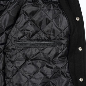 Men's <b>Black</b> <b>Varsity</b> <b>Jacket</b> PU Leather Sleeves <b>Red</b> Stripe Trim Button Front Casual Style Regular Fit Autumn Wear - Product Image 4