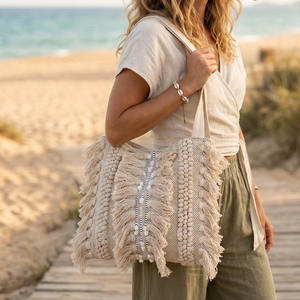 Bolso de Playa Boho Elegante para Viaje, Bolso Tote Boho de Algodón Indio Tejido a Mano con Flecos para Vacaciones de Verano, Bolso para Ropa - Product Image 1
