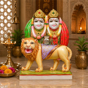 Premium Marble Chamunda Mata Statue | Handcrafted White Marble Chamunda Devi Murti with Lion | MALIYAS Jaipur - Product Image 1