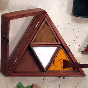 Handmade Triangle Wooden <b>Spice</b> <b>Box</b>: Rustic Indian Eco-Friendly Masala Organizer - Product Image 1