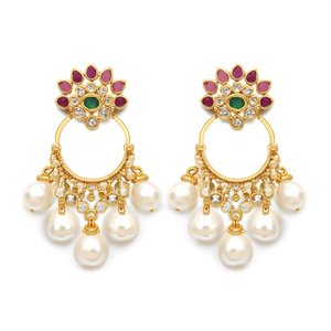 Gold Plated Geometric Hoop Chandbali Earrings with Faux White Pearl Drops Oxidized Polish Finish for Women's Wedding and Party - Product Image 2