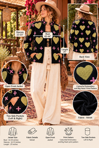 Handcrafted <b>Black</b> Velvet Jacket Suzani Embroidery, Floral Boho Heart Print Style <b>women's</b> <b>winter</b> <b>coat</b> - Product Image 3