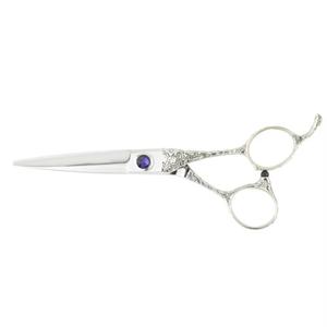 Ciseaux de coiffure professionnels en acier inoxydable, lame tranchante, pour droitiers, manche long avec design décoratif en pierre précieuse violette - Product Image 5