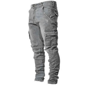 Jean en denim droit pour homme, coupe ajustée, style streetwear, délavé vintage, taille haute, léger, extensible, OEM - Product Image 1