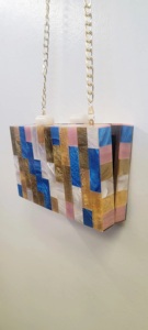 Pochette en bois avec poignée dragon doré, motif géométrique, sac de soirée artisanal - Product Image 5