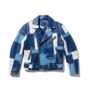 Chaqueta de Motociclista de Cuero para Hombre, Diseño de Bloques de Color Azul y Blanco, Chaqueta de Moto de Cuero Genuino - Product Image 1